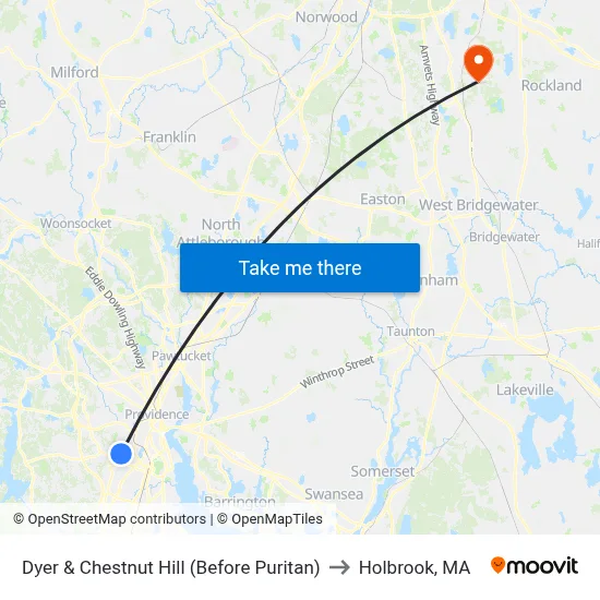 Dyer & Chestnut Hill (Before Puritan) to Holbrook, MA map