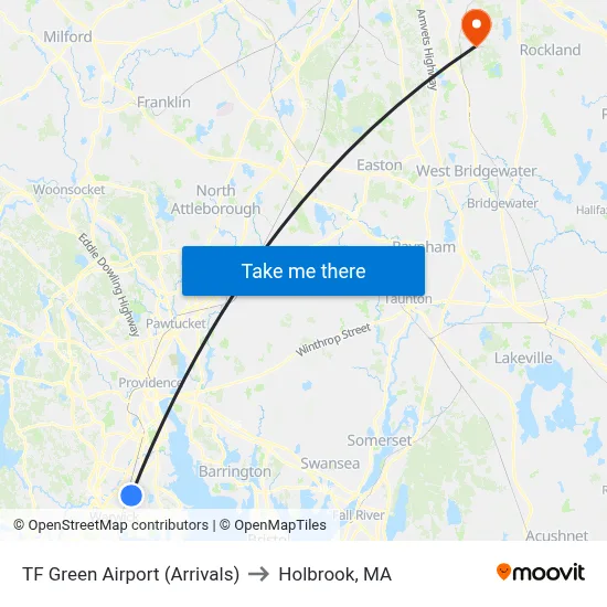 TF Green Airport (Arrivals) to Holbrook, MA map