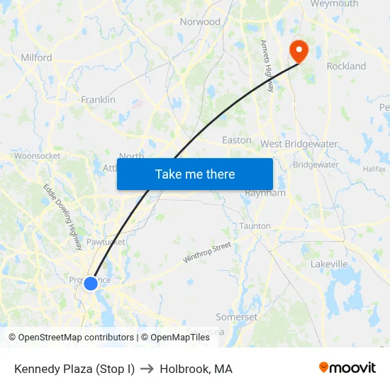 Kennedy Plaza (Stop I) to Holbrook, MA map
