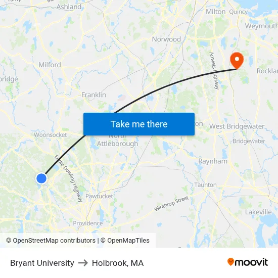 Bryant University to Holbrook, MA map