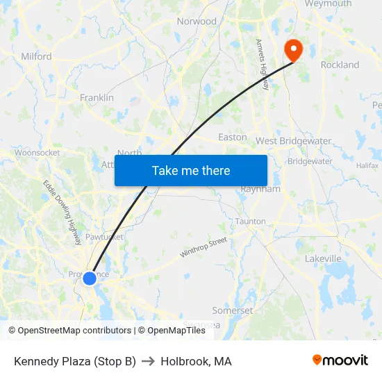 Kennedy Plaza (Stop B) to Holbrook, MA map