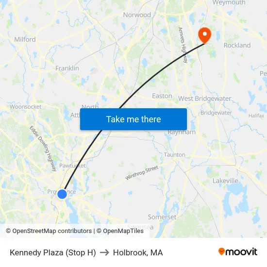 Kennedy Plaza (Stop H) to Holbrook, MA map
