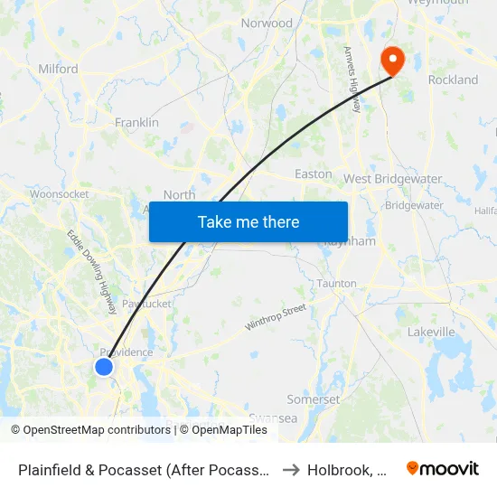 Plainfield & Pocasset (After Pocasset) to Holbrook, MA map