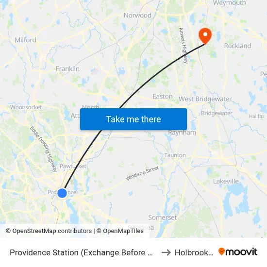 Providence Station (Exchange Before Park Row W) to Holbrook, MA map