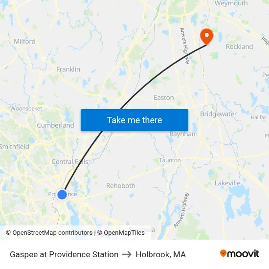Gaspee at Providence Station to Holbrook, MA map