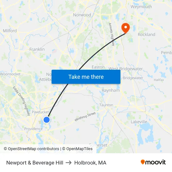 Newport & Beverage Hill to Holbrook, MA map