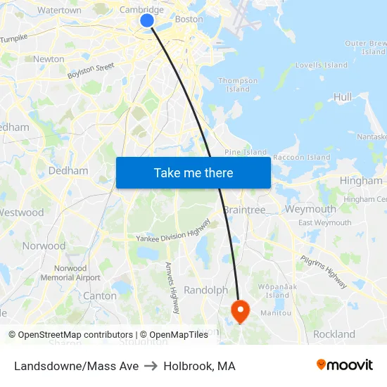 Landsdowne/Mass Ave to Holbrook, MA map