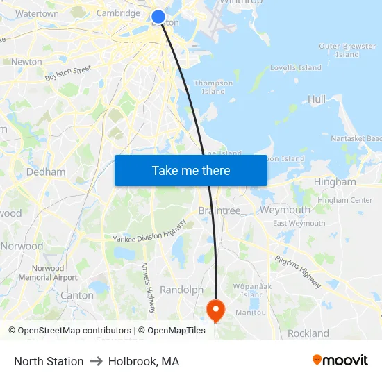 North Station to Holbrook, MA map
