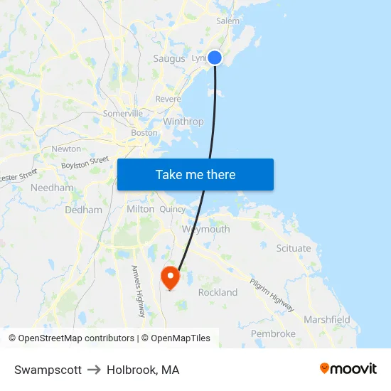 Swampscott to Holbrook, MA map