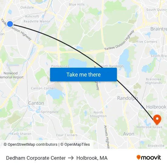 Dedham Corporate Center to Holbrook, MA map
