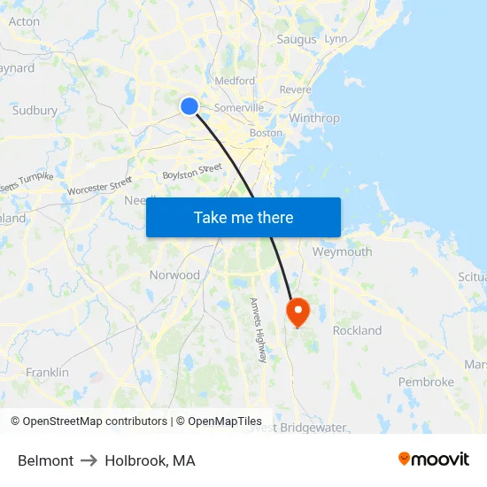 Belmont to Holbrook, MA map
