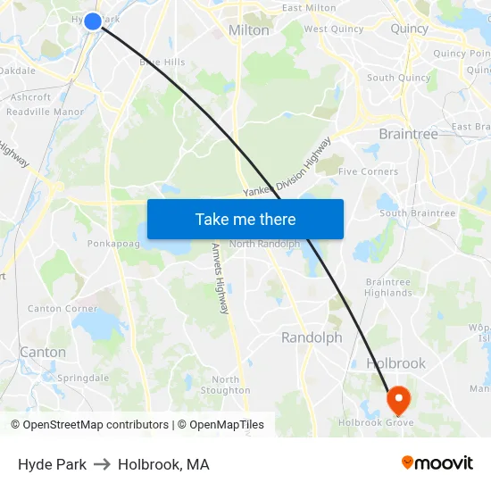 Hyde Park to Holbrook, MA map