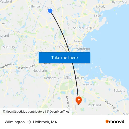 Wilmington to Holbrook, MA map