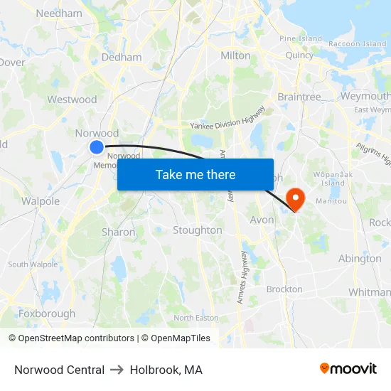 Norwood Central to Holbrook, MA map