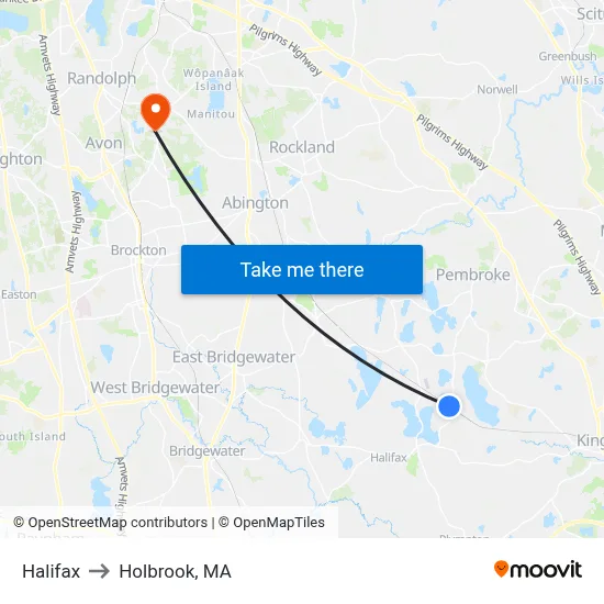 Halifax to Holbrook, MA map