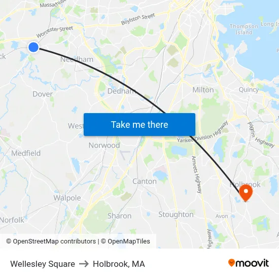 Wellesley Square to Holbrook, MA map