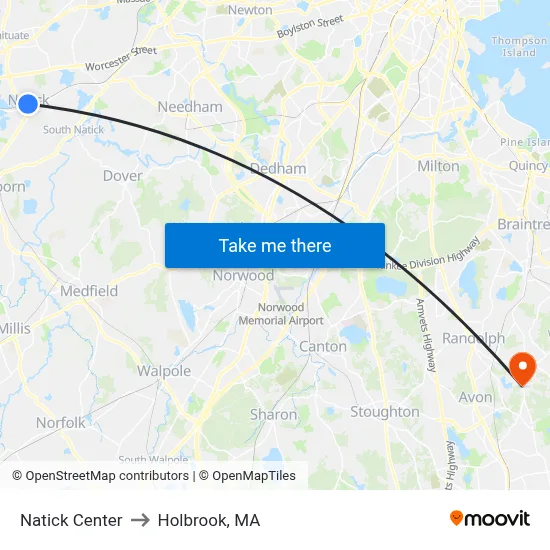 Natick Center to Holbrook, MA map