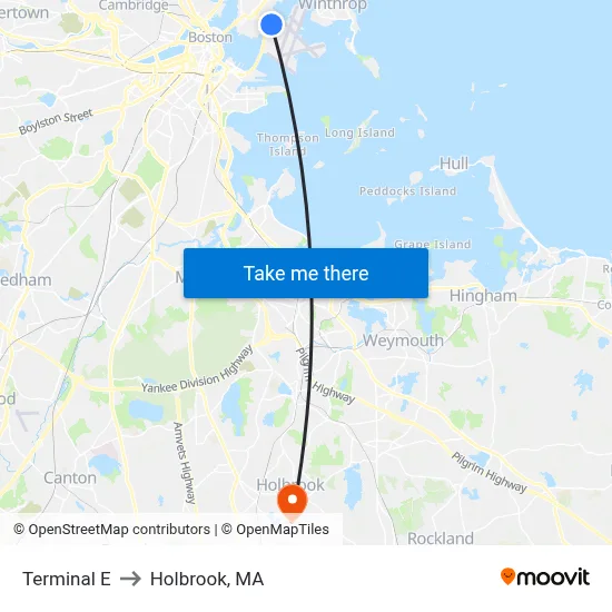 Terminal E to Holbrook, MA map