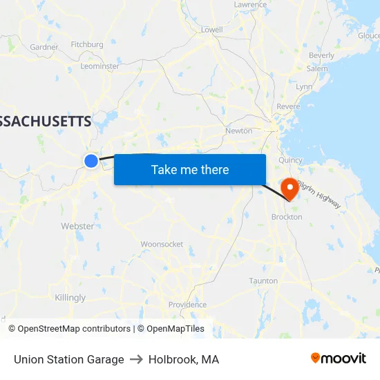 Union Station Garage to Holbrook, MA map
