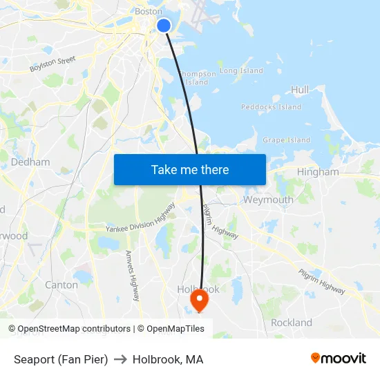 Seaport (Fan Pier) to Holbrook, MA map