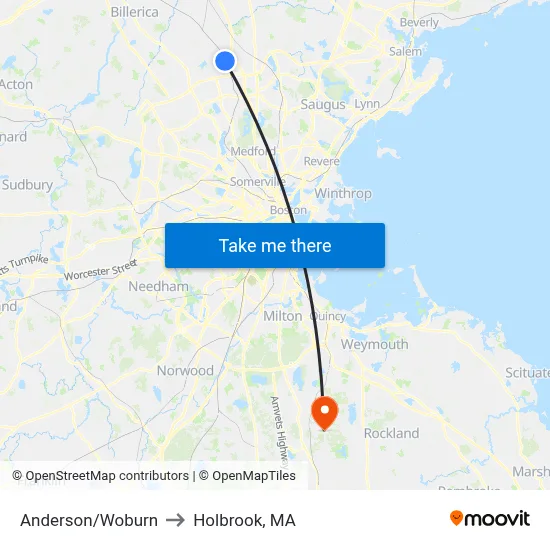 Anderson/Woburn to Holbrook, MA map