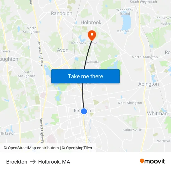 Brockton to Holbrook, MA map
