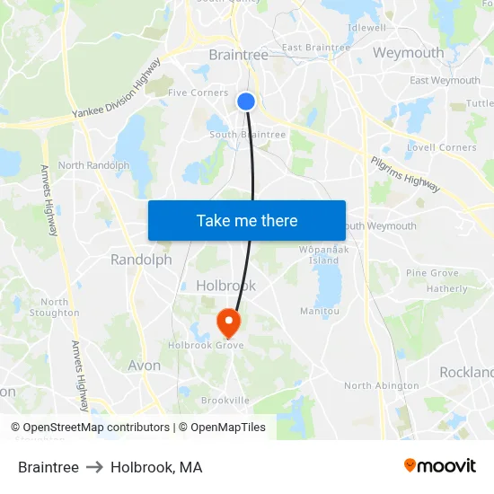Braintree to Holbrook, MA map