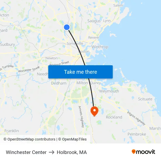 Winchester Center to Holbrook, MA map