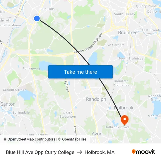 Blue Hill Ave Opp Curry College to Holbrook, MA map