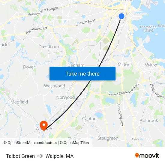 Talbot Green to Walpole, MA map