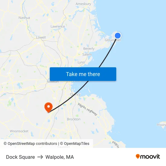 Dock Square to Walpole, MA map
