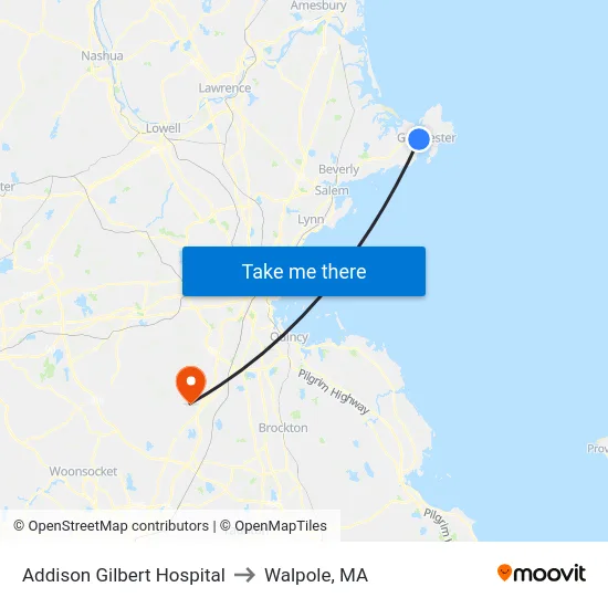 Addison Gilbert Hospital to Walpole, MA map