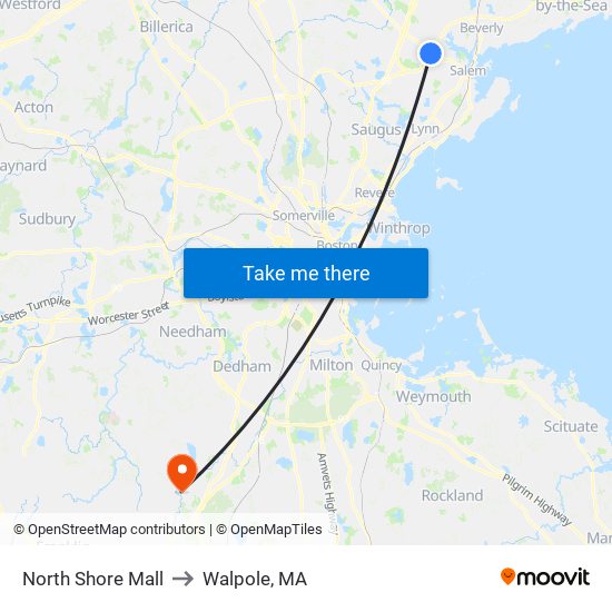 North Shore Mall to Walpole, MA map