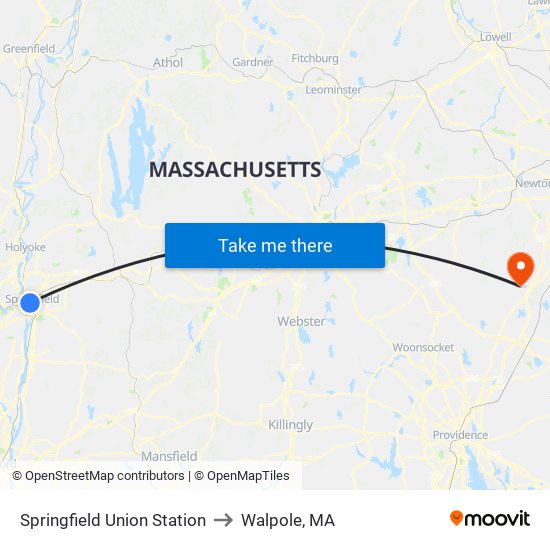 Springfield Union Station to Walpole, MA map