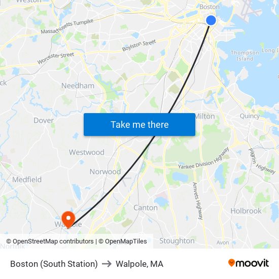 Boston (South Station) to Walpole, MA map