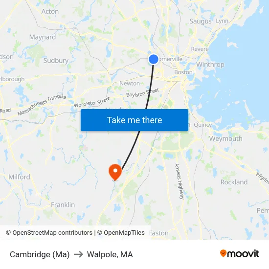 Cambridge (Ma) to Walpole, MA map