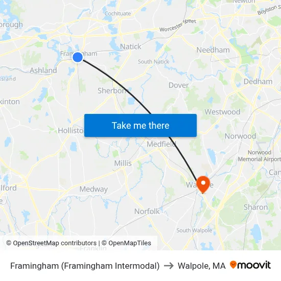 Framingham (Framingham Intermodal) to Walpole, MA map