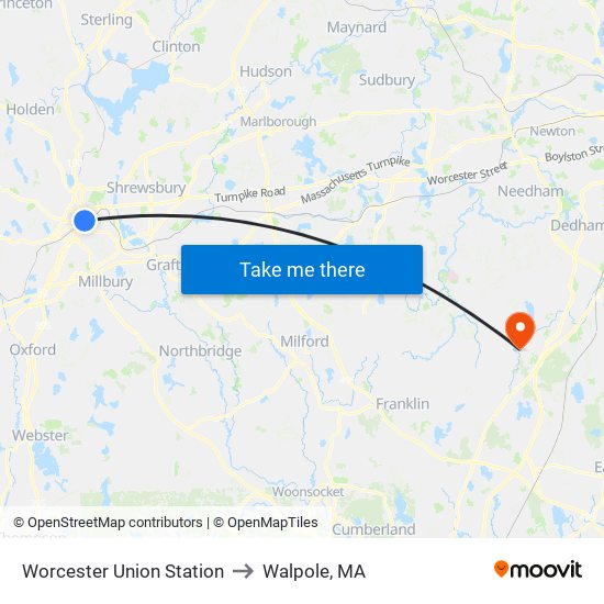 Worcester Union Station to Walpole, MA map