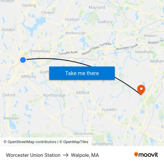 Worcester Union Station to Walpole, MA map