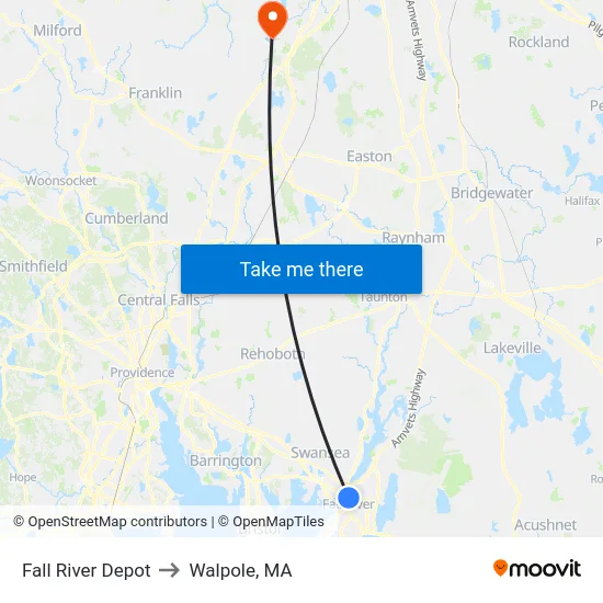 Fall River Depot to Walpole, MA map