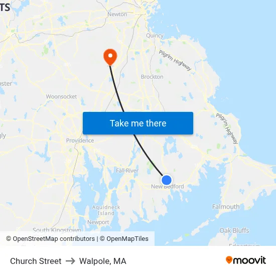Church Street to Walpole, MA map