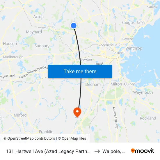131 Hartwell Ave  (Azad Legacy Partners) to Walpole, MA map