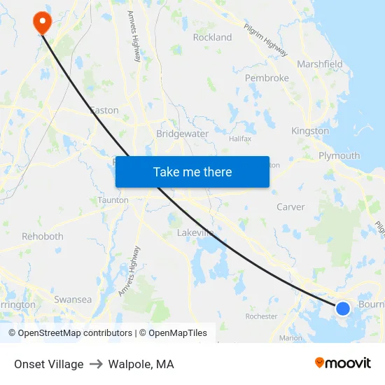 Onset Village to Walpole, MA map