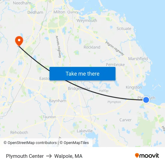Plymouth Center to Walpole, MA map