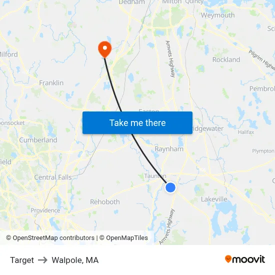Target to Walpole, MA map