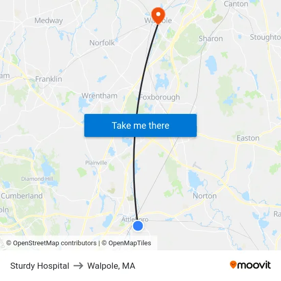 Sturdy Hospital to Walpole, MA map
