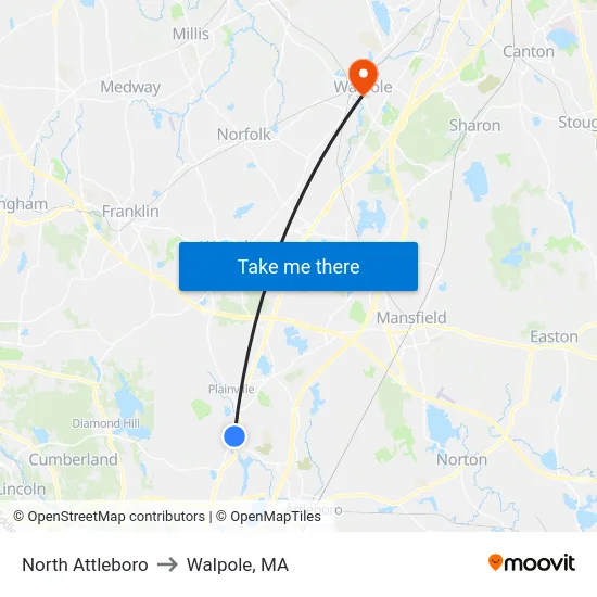 North Attleboro to Walpole, MA map