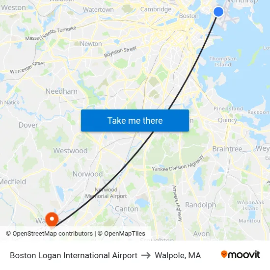 Boston Logan International Airport to Walpole, MA map