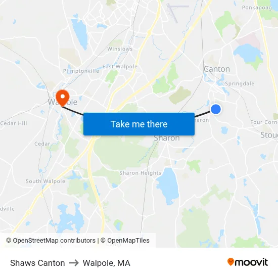 Shaws Canton to Walpole, MA map