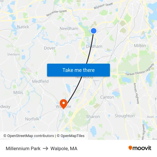 Millennium Park to Walpole, MA map